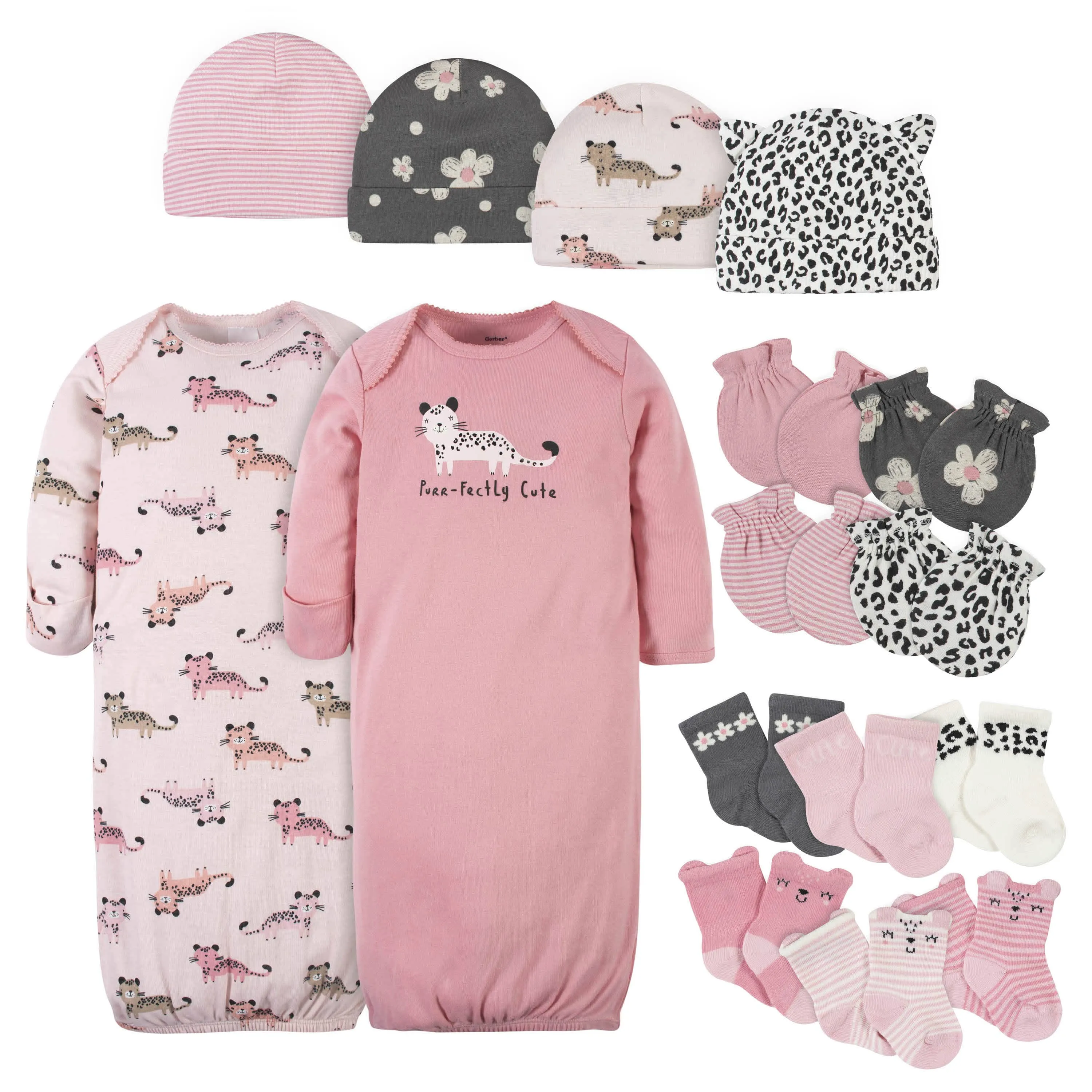 16-Piece Baby Girls Leopard Gown, Mitten, Cap, & Sock Set