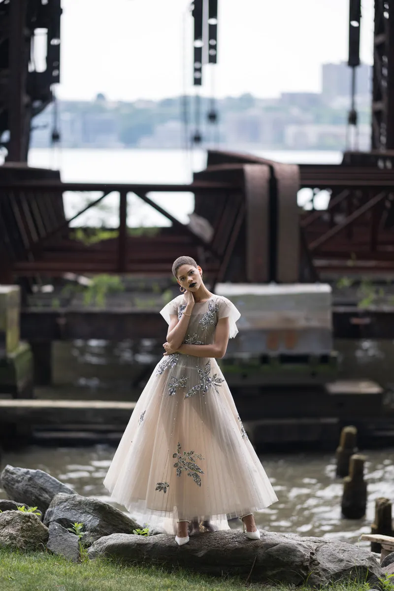 Bay Leaf Sequin And Crystal Embroidery Tulle Gown With Pleated Train