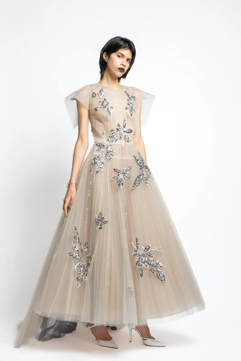 Bay Leaf Sequin And Crystal Embroidery Tulle Gown With Pleated Train