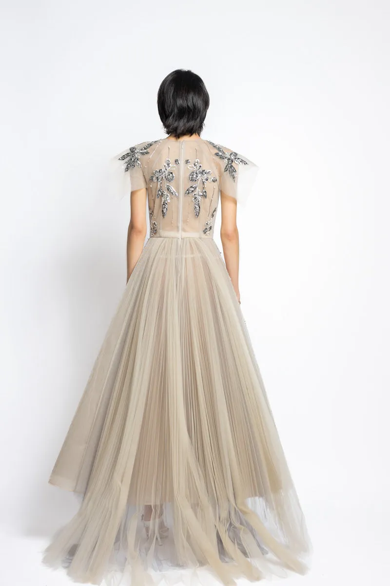 Bay Leaf Sequin And Crystal Embroidery Tulle Gown With Pleated Train