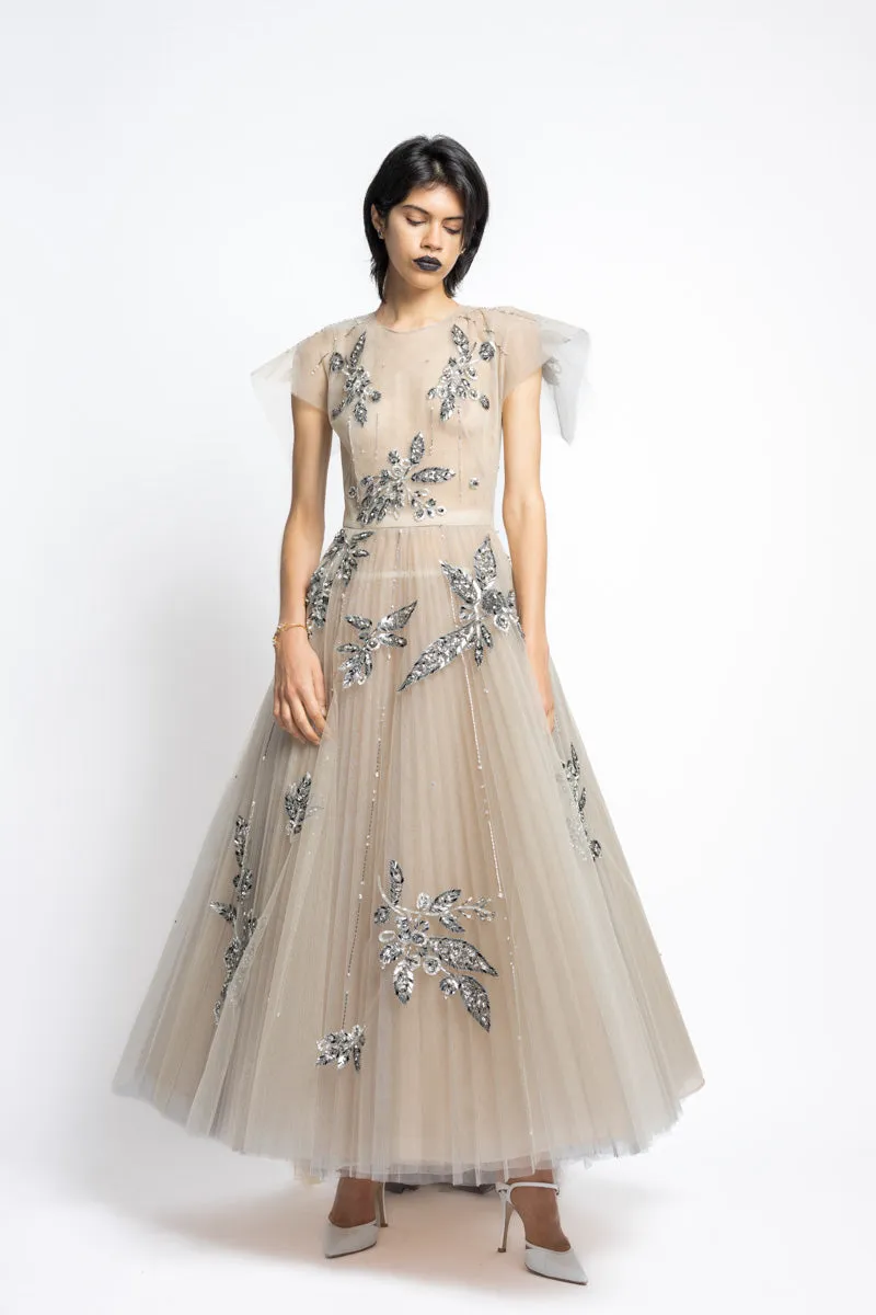 Bay Leaf Sequin And Crystal Embroidery Tulle Gown With Pleated Train