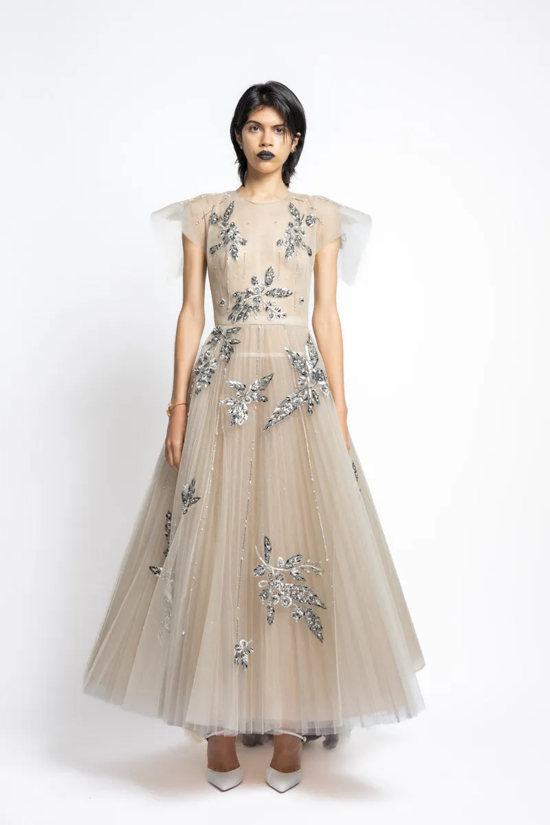 Bay Leaf Sequin And Crystal Embroidery Tulle Gown With Pleated Train