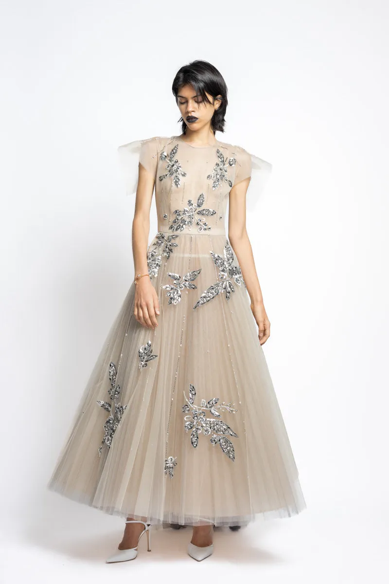 Bay Leaf Sequin And Crystal Embroidery Tulle Gown With Pleated Train