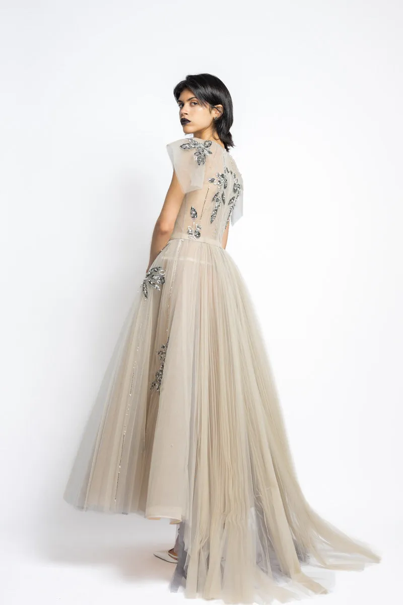 Bay Leaf Sequin And Crystal Embroidery Tulle Gown With Pleated Train