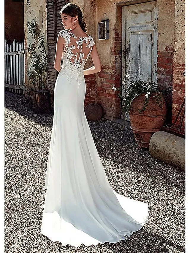 Beach Open Back Wedding Dresses Mermaid / Trumpet Illusion Neck Cap Sleeve Court Train Chiffon Bridal Gowns With Appliques 2023 Summer Wedding Party, Women's Clothing