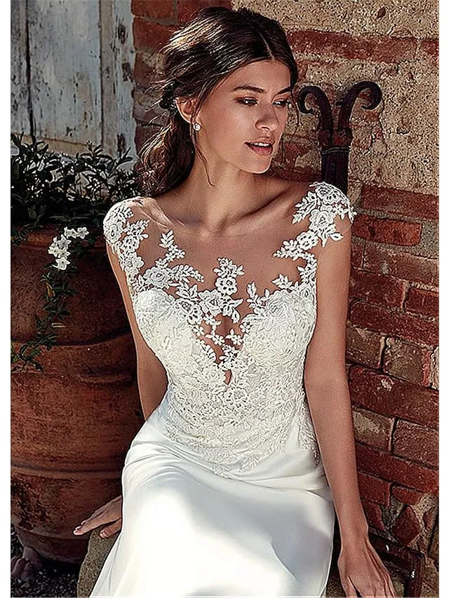 Beach Open Back Wedding Dresses Mermaid / Trumpet Illusion Neck Cap Sleeve Court Train Chiffon Bridal Gowns With Appliques 2023 Summer Wedding Party, Women's Clothing