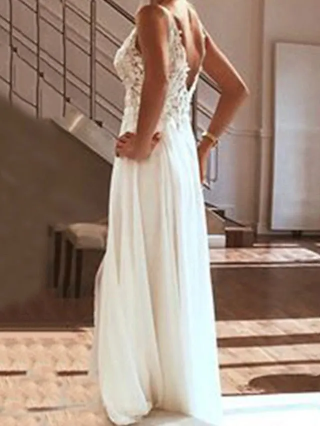 Beach Wedding Dresses A-Line V Neck Sleeveless Floor Length Chiffon Bridal Gowns With Appliques Split Front 2023 Summer Wedding Party, Women's Clothing