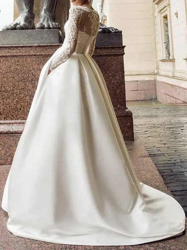 Engagement Vintage Formal Wedding Dresses Ball Gown Illusion Neck Long Sleeve Court Train Satin Bridal Gowns With Appliques Pocket 2023 Summer Wedding Party, Women's Clothing