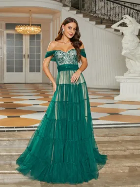 Formal Off Shoulder Tulle A-Line Green Prom Dress RM20843