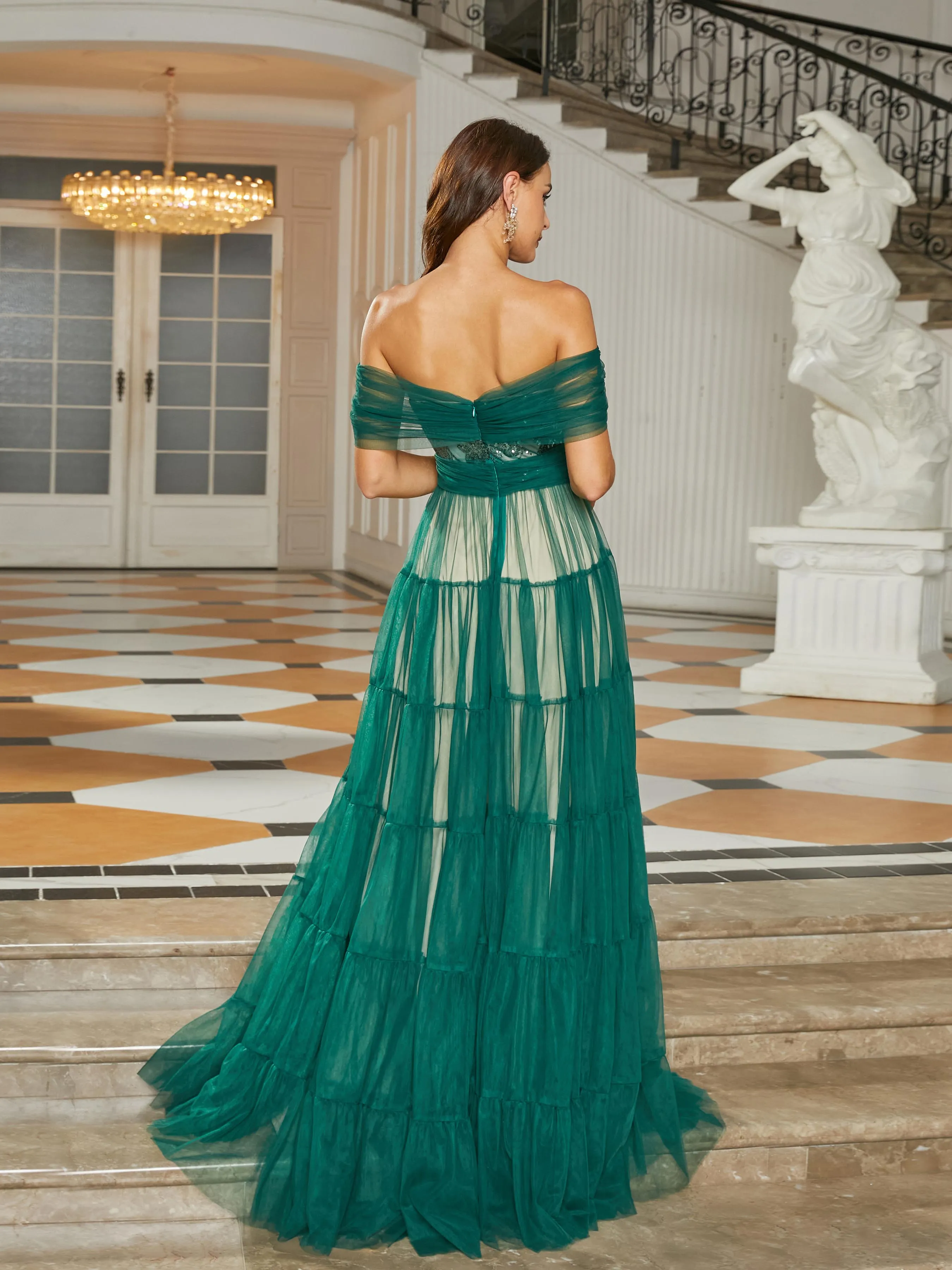 Formal Off Shoulder Tulle A-Line Green Prom Dress RM20843