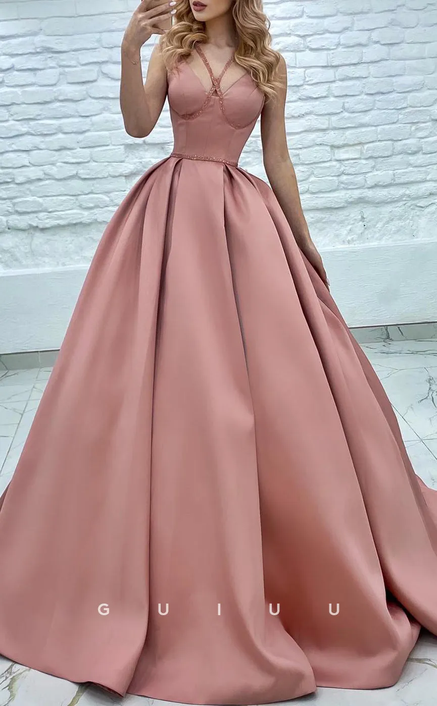 G2855 - Classic & Timeless A-Line V-Neck Satin Pink Long Prom Evening Dress