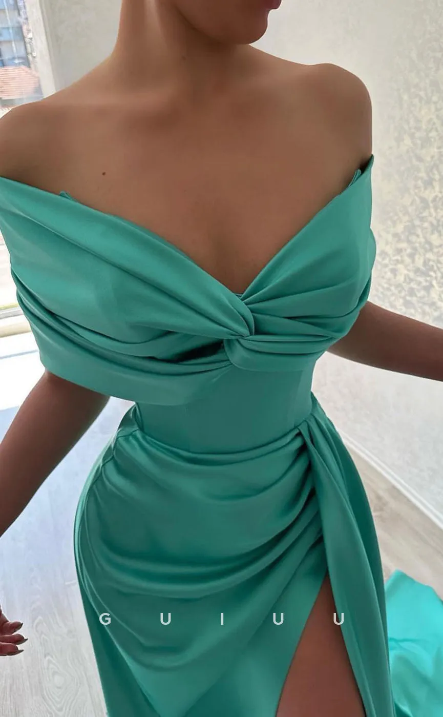 G2885 - Chic & Modern Satin Off-Shoulder Pleats Simple Long Prom Formal Dress