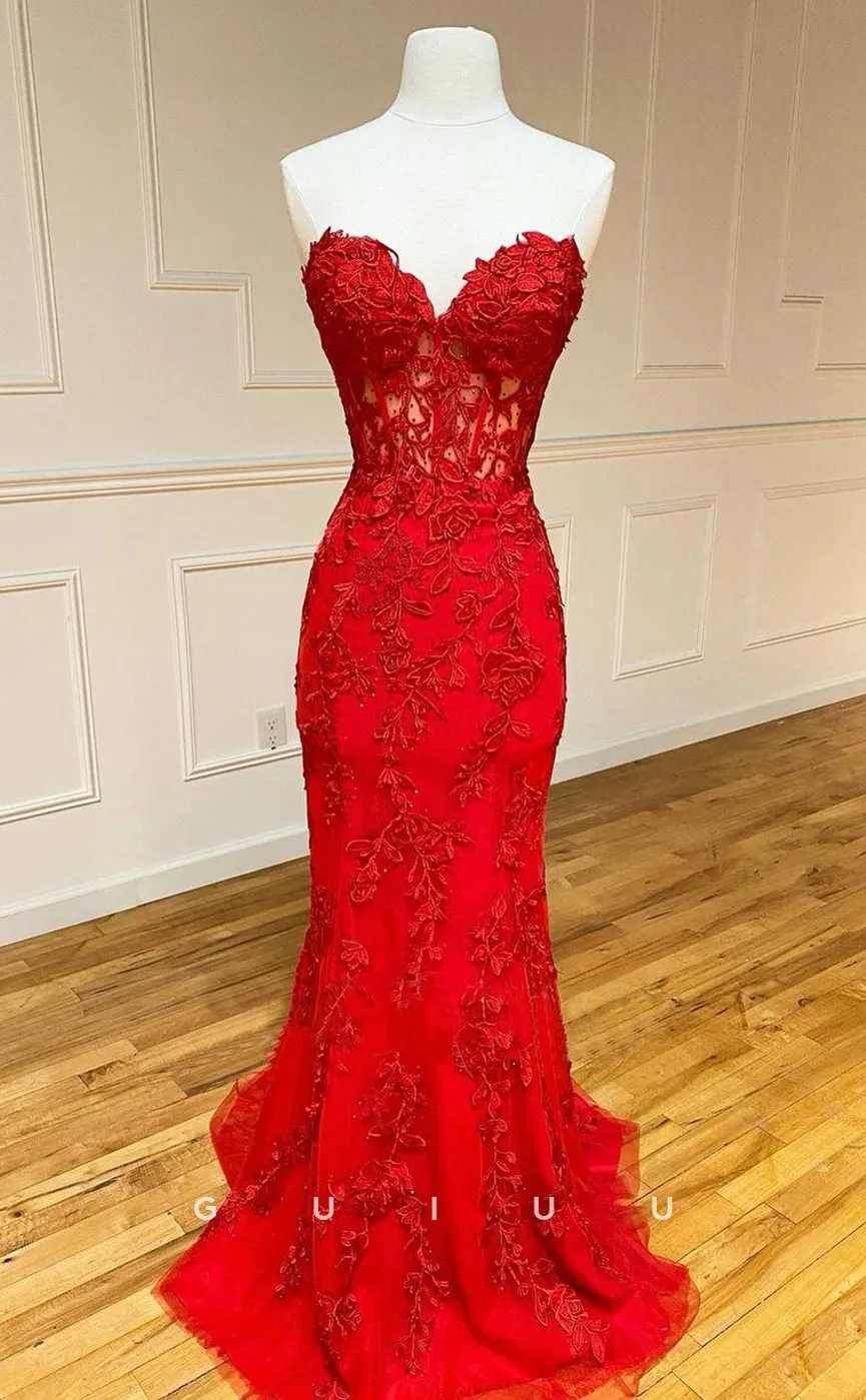 G2914 - Classic & Sheath Strapless Lace Applique Red Prom Formal Dress