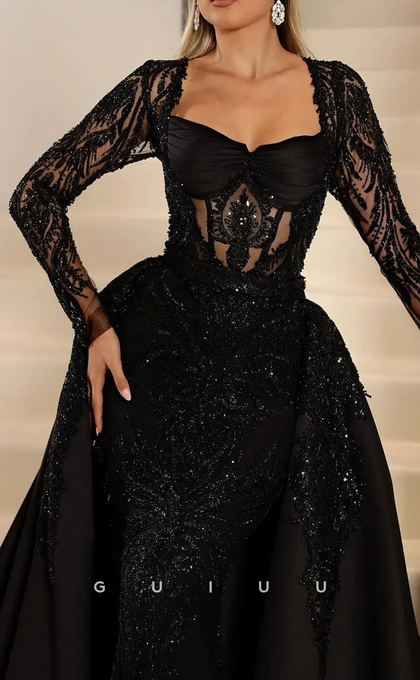 G3328 - Sexy & Hot Ball Gown Evening & Party Dress with Lace Long Sloves Floor-Length Floral Lace