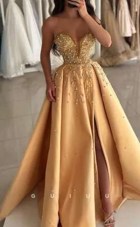 G3391 - Classic & Luxurious A-Line Sweetheart Beaded Side Slit Ball Gown Prom Dress