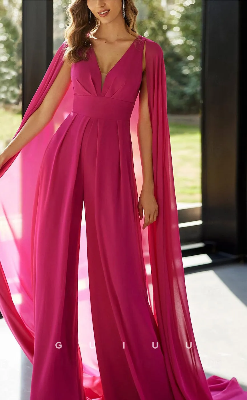 GM019 -  Elegant Pantsuit  V Neck Floor Length Detachable Chiffon Sleeveless with Pleats Formal Wedding Guest Mother of the Bride Dress