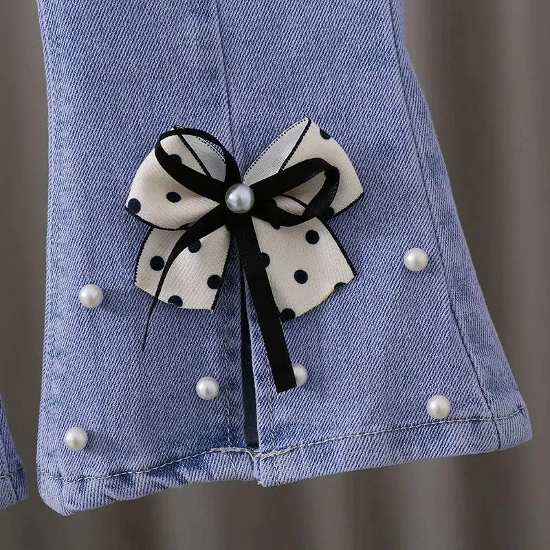 Jeans for Girls Retro Casual Pants Flower Bow Bell-bottoms Cowboy Pants Little Girl Party  Pure Cotton Jeans Kids Clothing 1-12Y