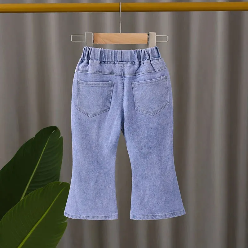 Jeans for Girls Retro Casual Pants Flower Bow Bell-bottoms Cowboy Pants Little Girl Party  Pure Cotton Jeans Kids Clothing 1-12Y