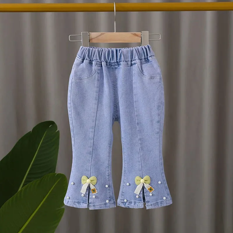 Jeans for Girls Retro Casual Pants Flower Bow Bell-bottoms Cowboy Pants Little Girl Party  Pure Cotton Jeans Kids Clothing 1-12Y