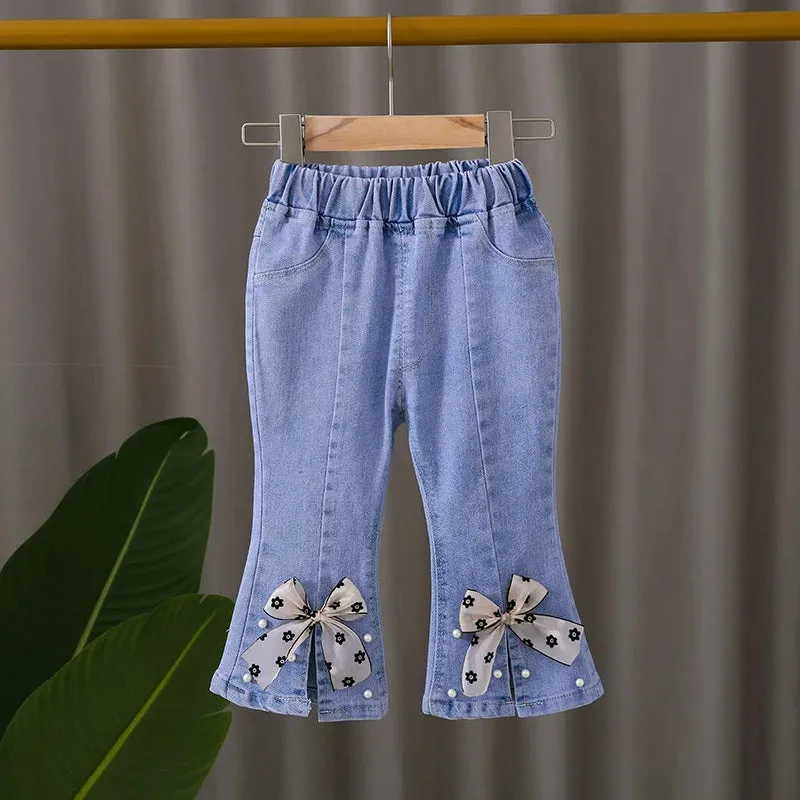 Jeans for Girls Retro Casual Pants Flower Bow Bell-bottoms Cowboy Pants Little Girl Party  Pure Cotton Jeans Kids Clothing 1-12Y