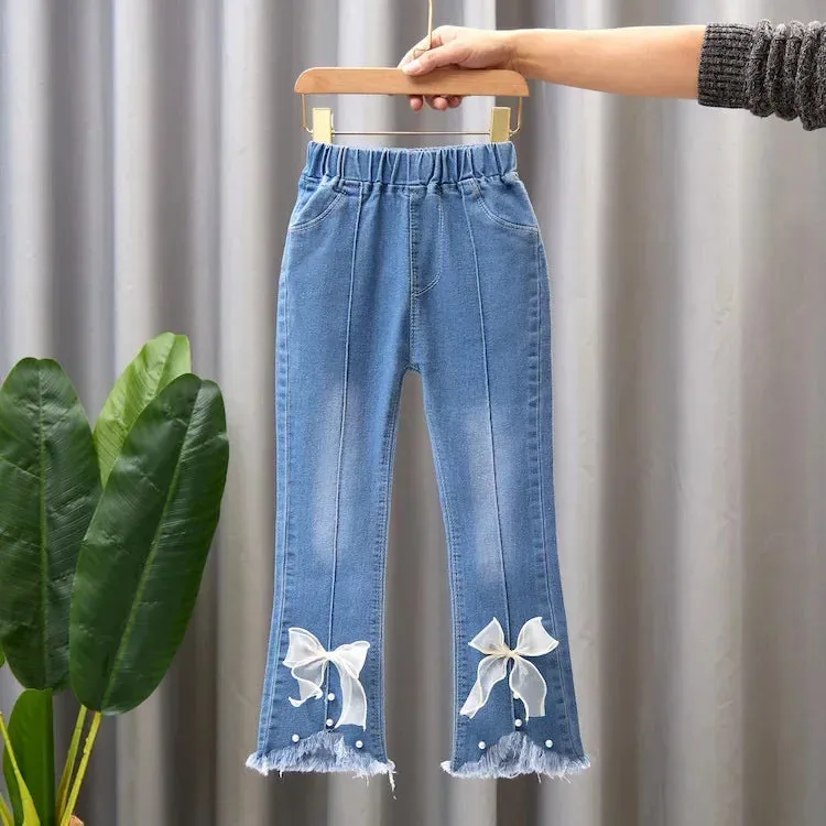 Kids Jeans Pants for 2024 New Spring Clothes for Flared Pants Baby Girl Casual Trousers for 3-10 Yrs Girls Cowboy Pants Trousers