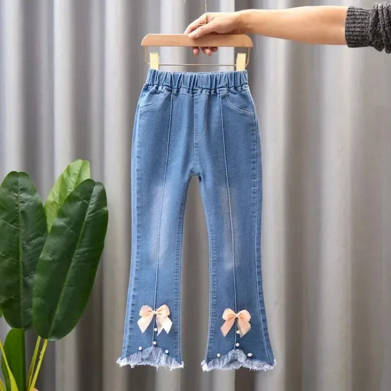 Kids Jeans Pants for 2024 New Spring Clothes for Flared Pants Baby Girl Casual Trousers for 3-10 Yrs Girls Cowboy Pants Trousers