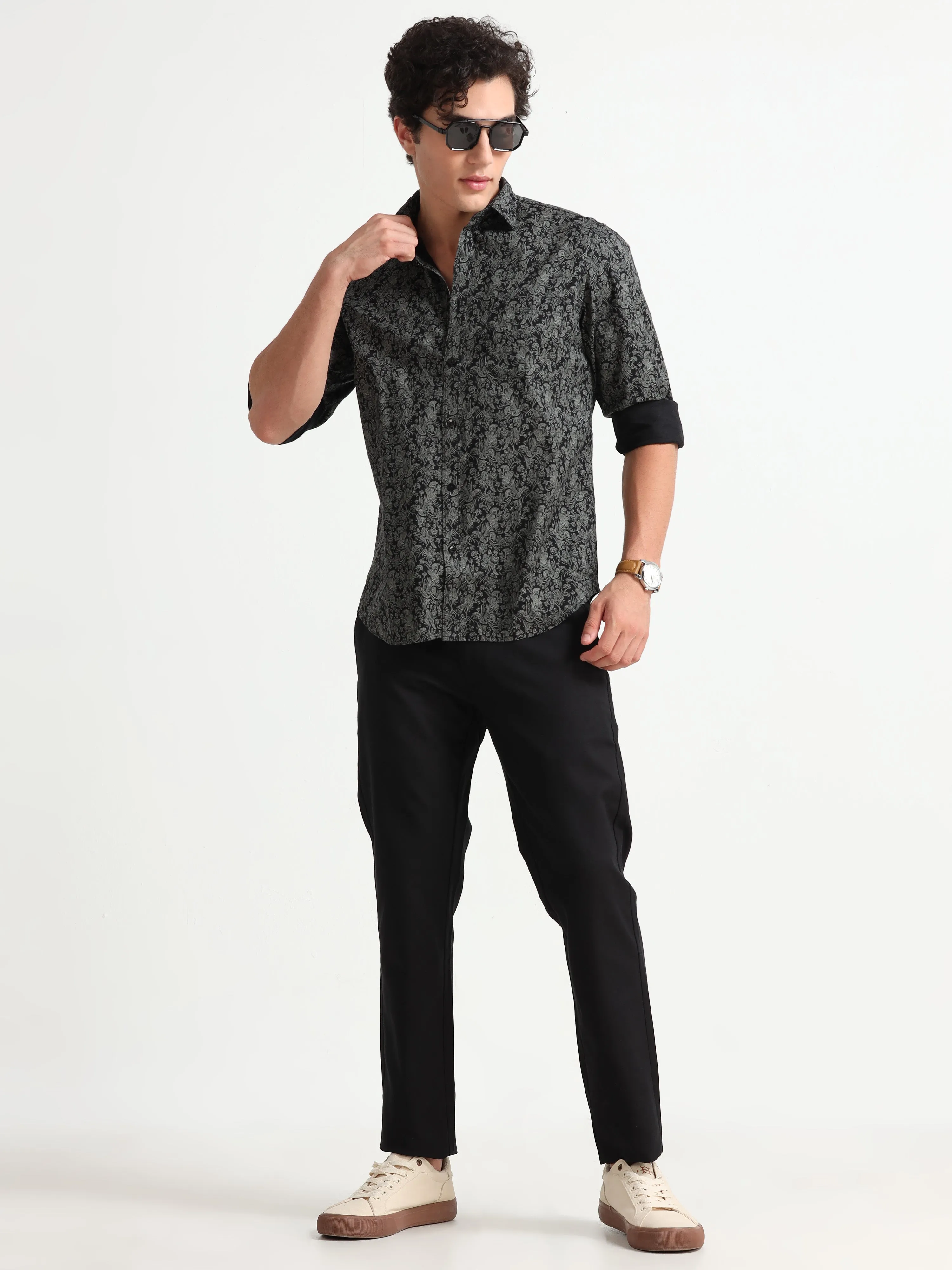 MEN'S BLACK PRINT  SLIM FIT SHIRT