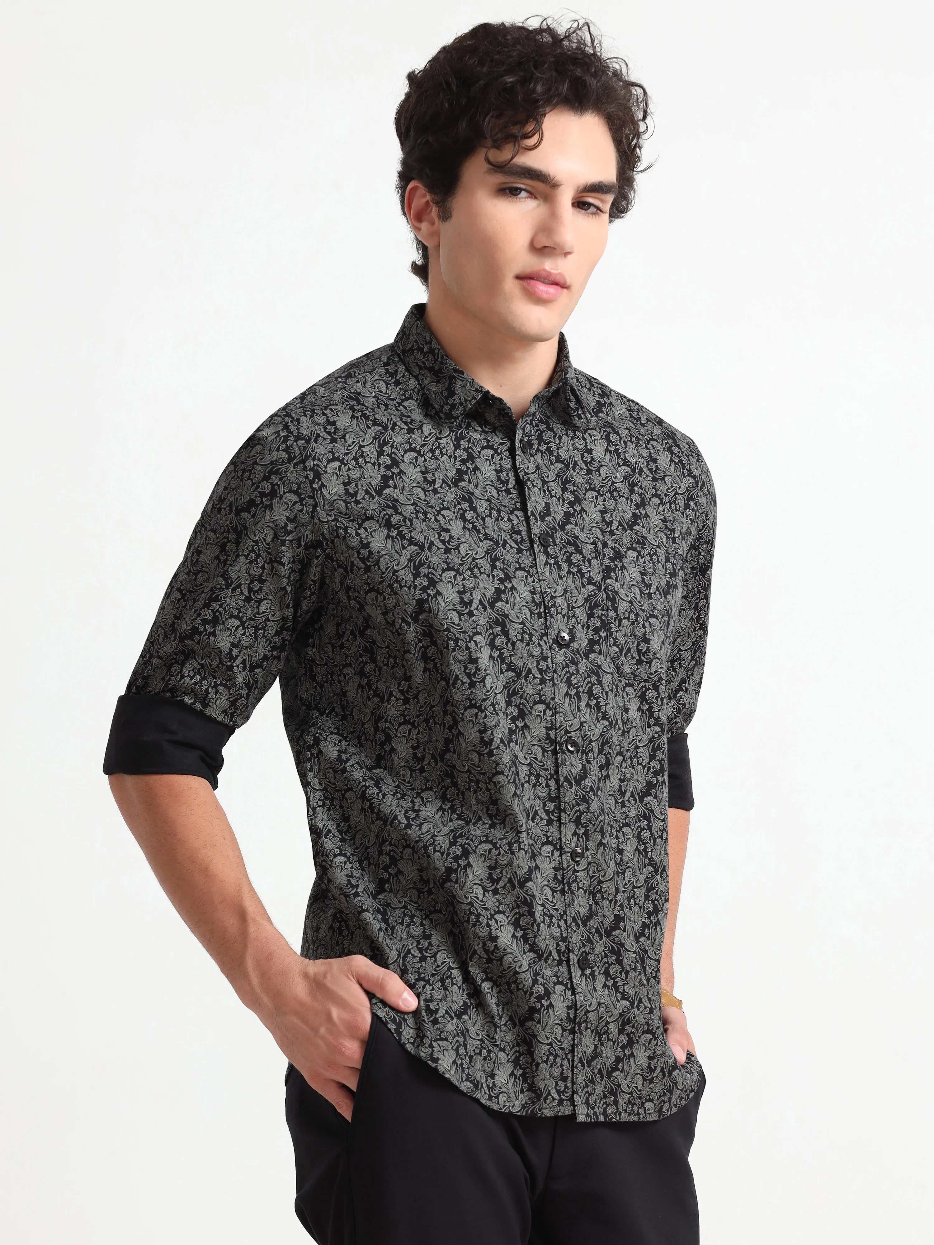 MEN'S BLACK PRINT  SLIM FIT SHIRT