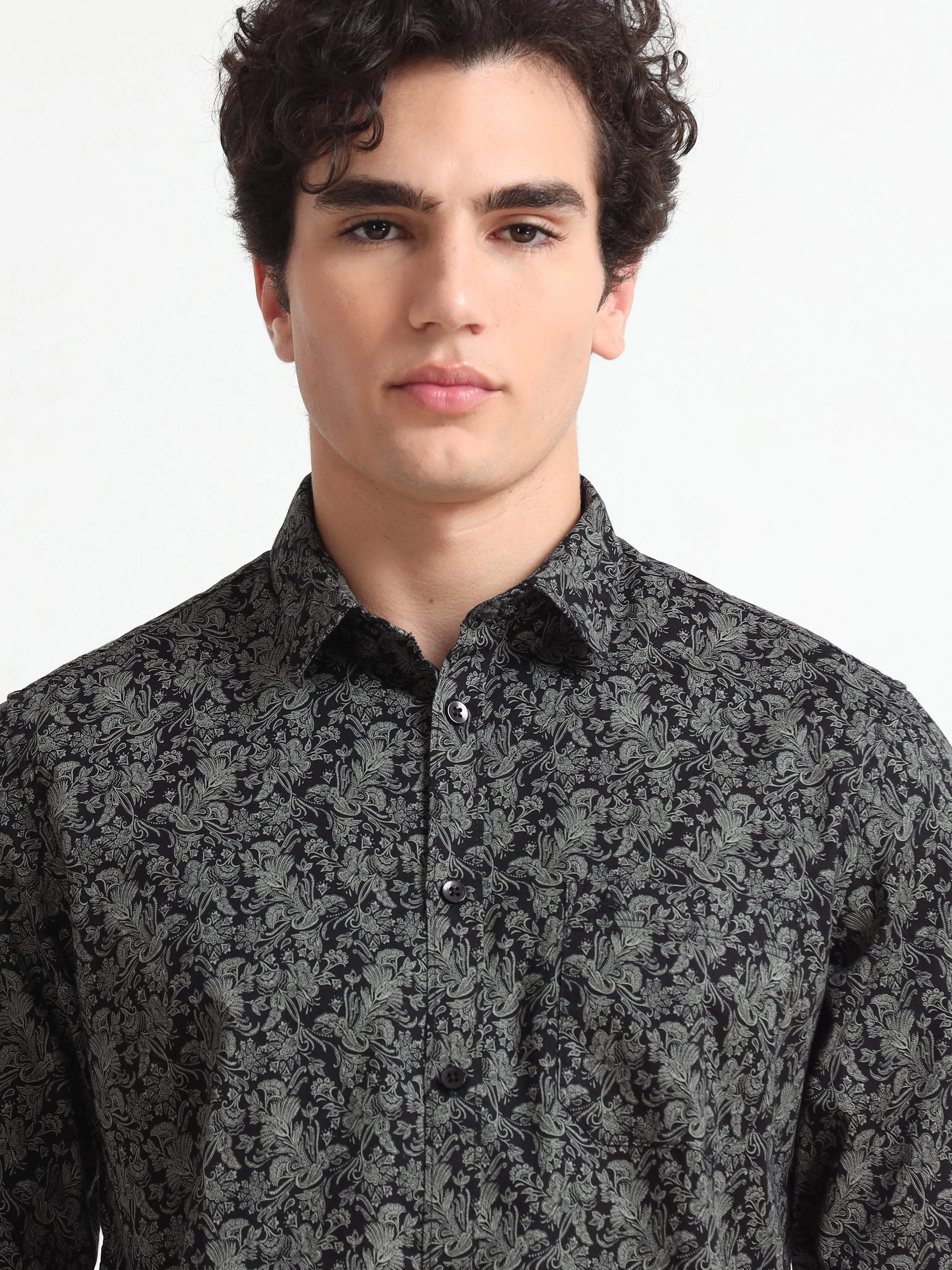 MEN'S BLACK PRINT  SLIM FIT SHIRT