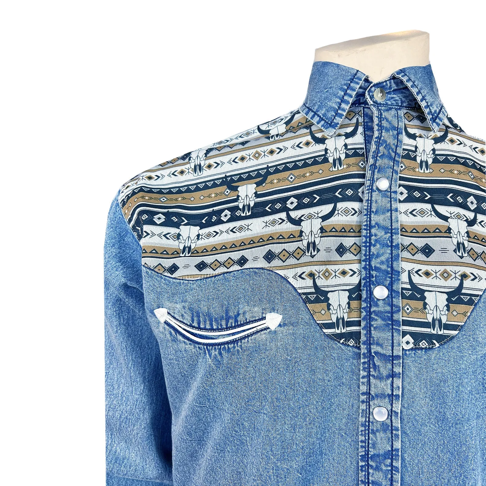 Men's Vintage 2-Tone Denim & Steer Skull Embroidered Western Shirt