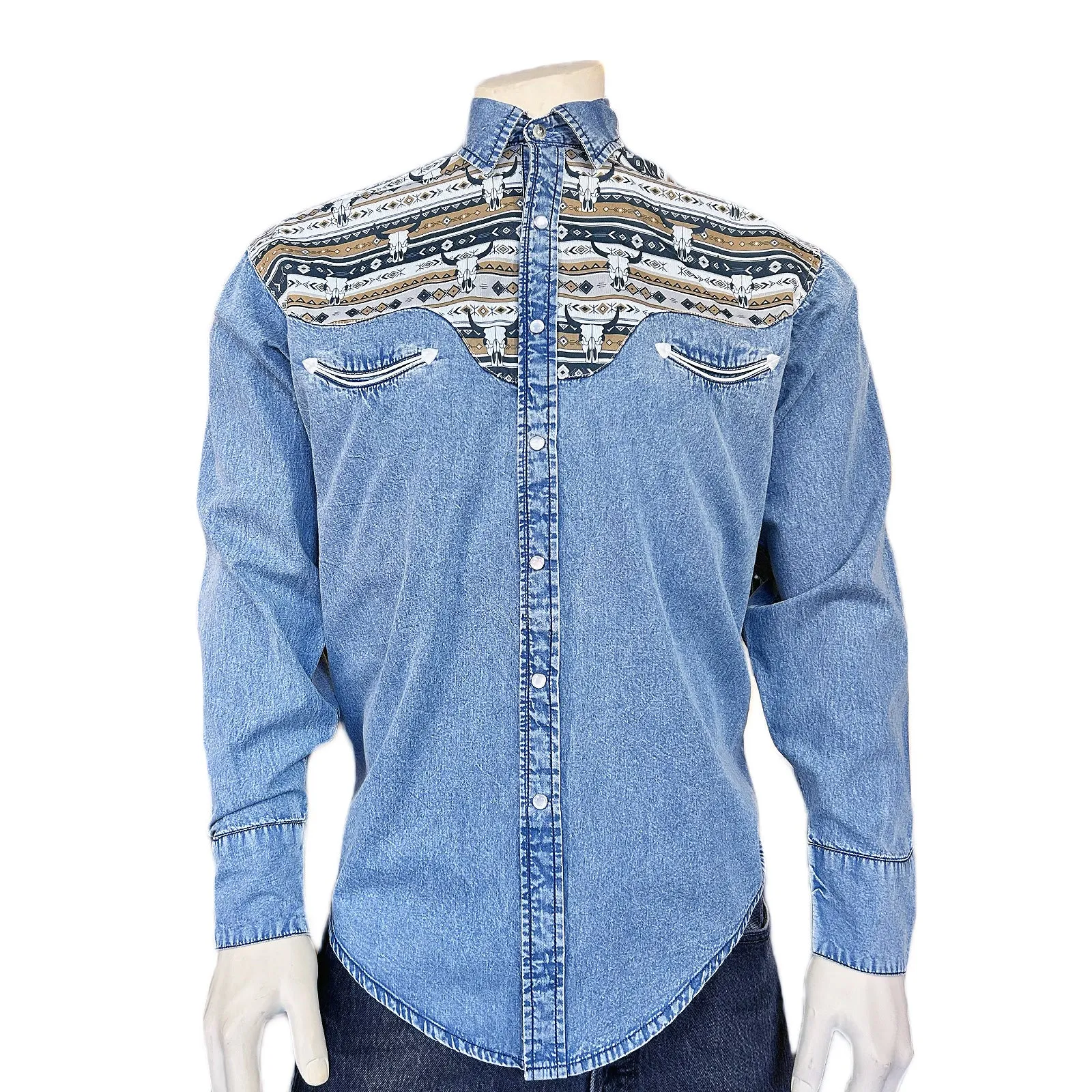 Men's Vintage 2-Tone Denim & Steer Skull Embroidered Western Shirt