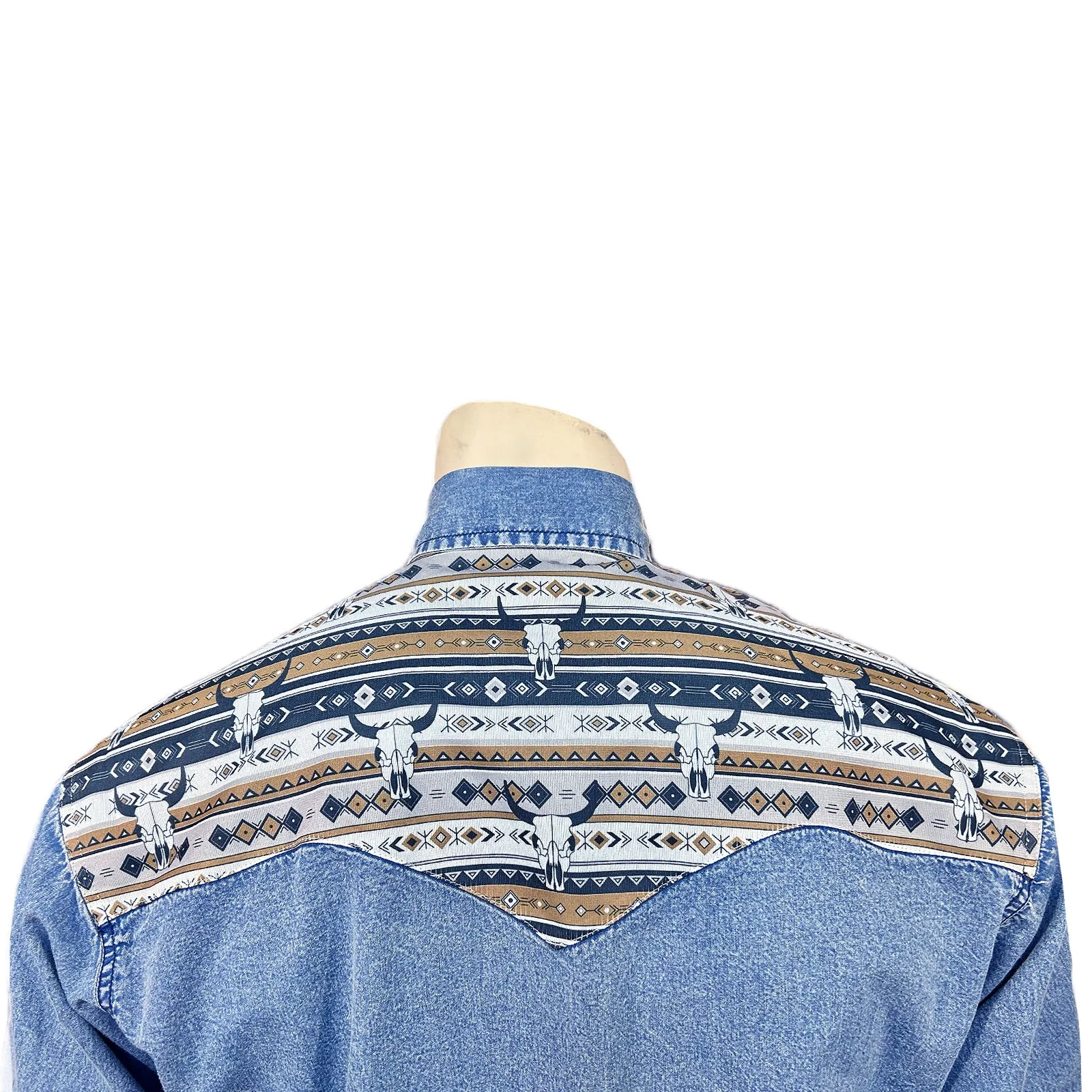 Men's Vintage 2-Tone Denim & Steer Skull Embroidered Western Shirt