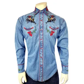 Men's Vintage Denim Bronc Embroidered Western Shirt