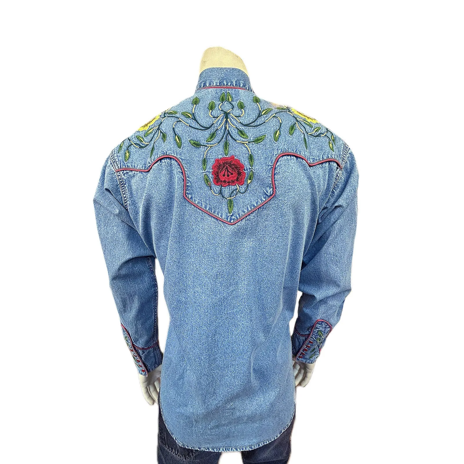 Men's Vintage Denim Floral Embroidered Western Shirt