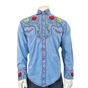 Men's Vintage Denim Floral Embroidered Western Shirt