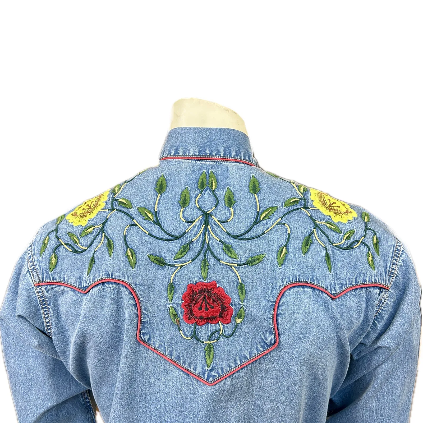 Men's Vintage Denim Floral Embroidered Western Shirt