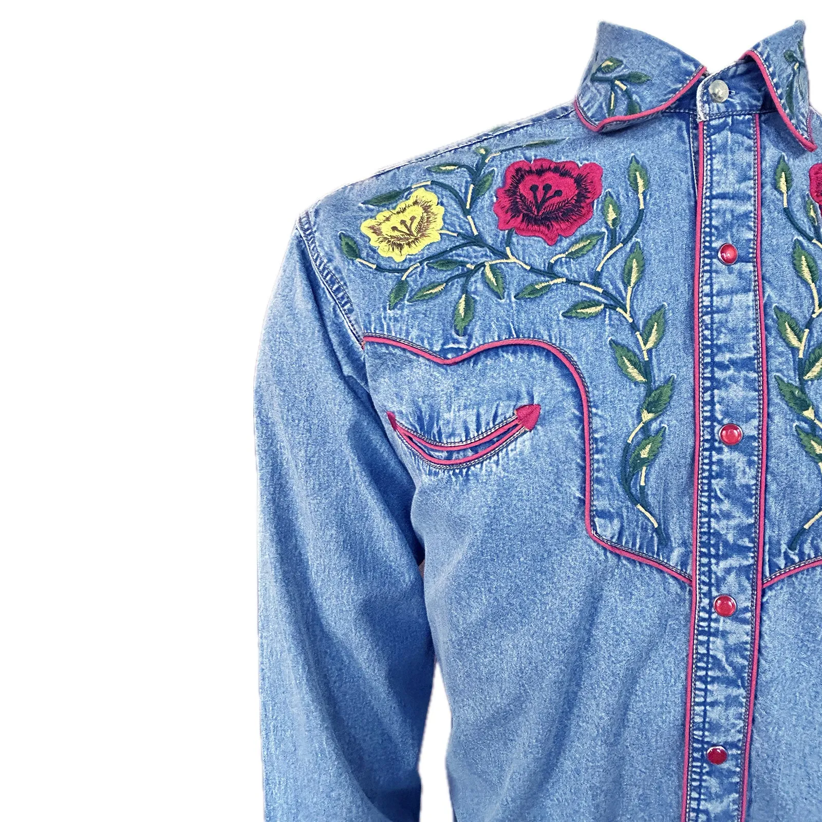 Men's Vintage Denim Floral Embroidered Western Shirt