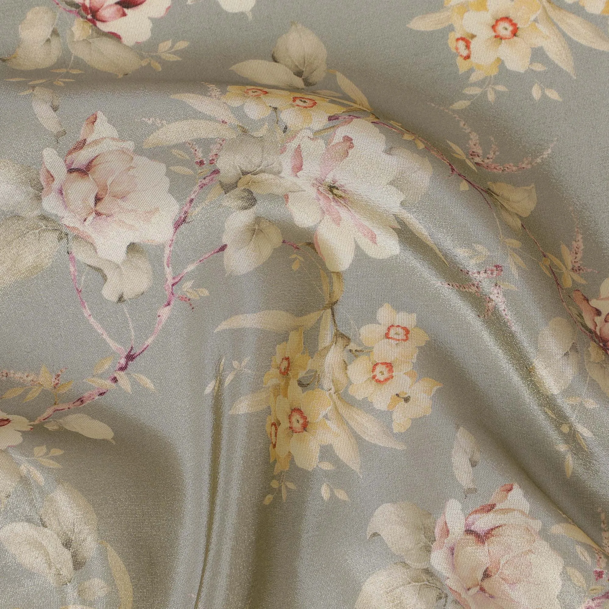 Misty Olive Organza Fabric - Romantic Blush Floral Print, 110cm Width, Sheer Luxe Drapery-D18949