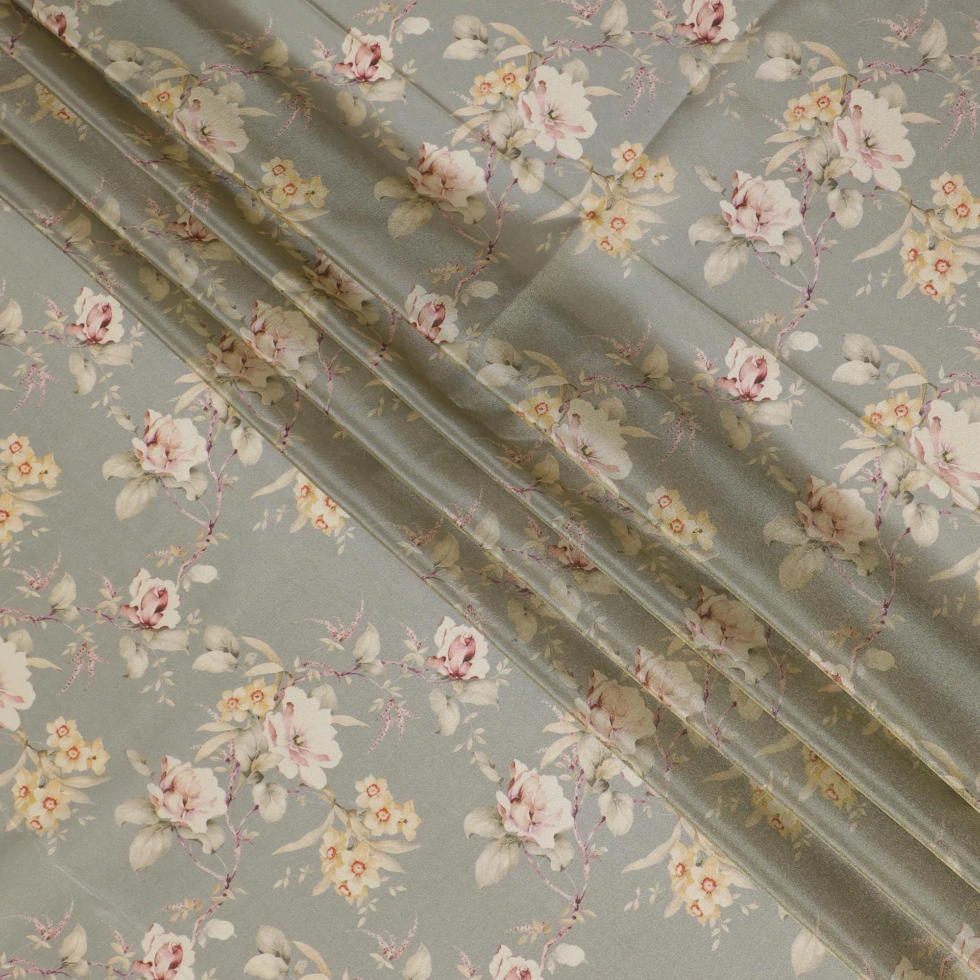 Misty Olive Organza Fabric - Romantic Blush Floral Print, 110cm Width, Sheer Luxe Drapery-D18949