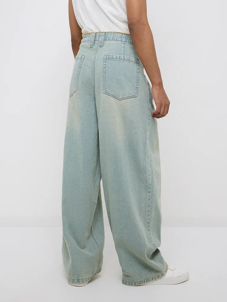 Nuon Light Blue Washed Wide - Leg Mid - Rise Jeans