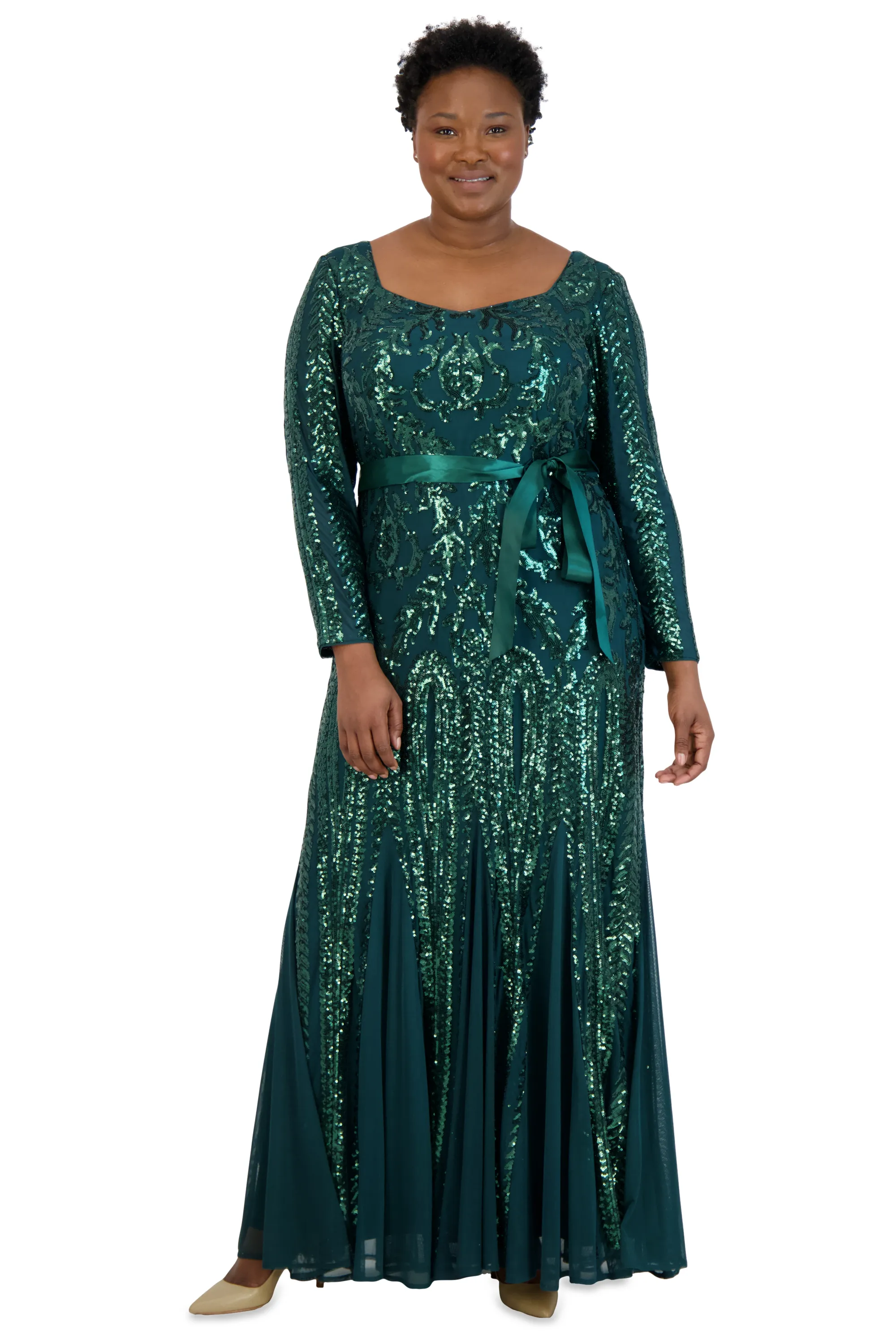 Plus Size Sequined Evening Gown with Long Sleeves