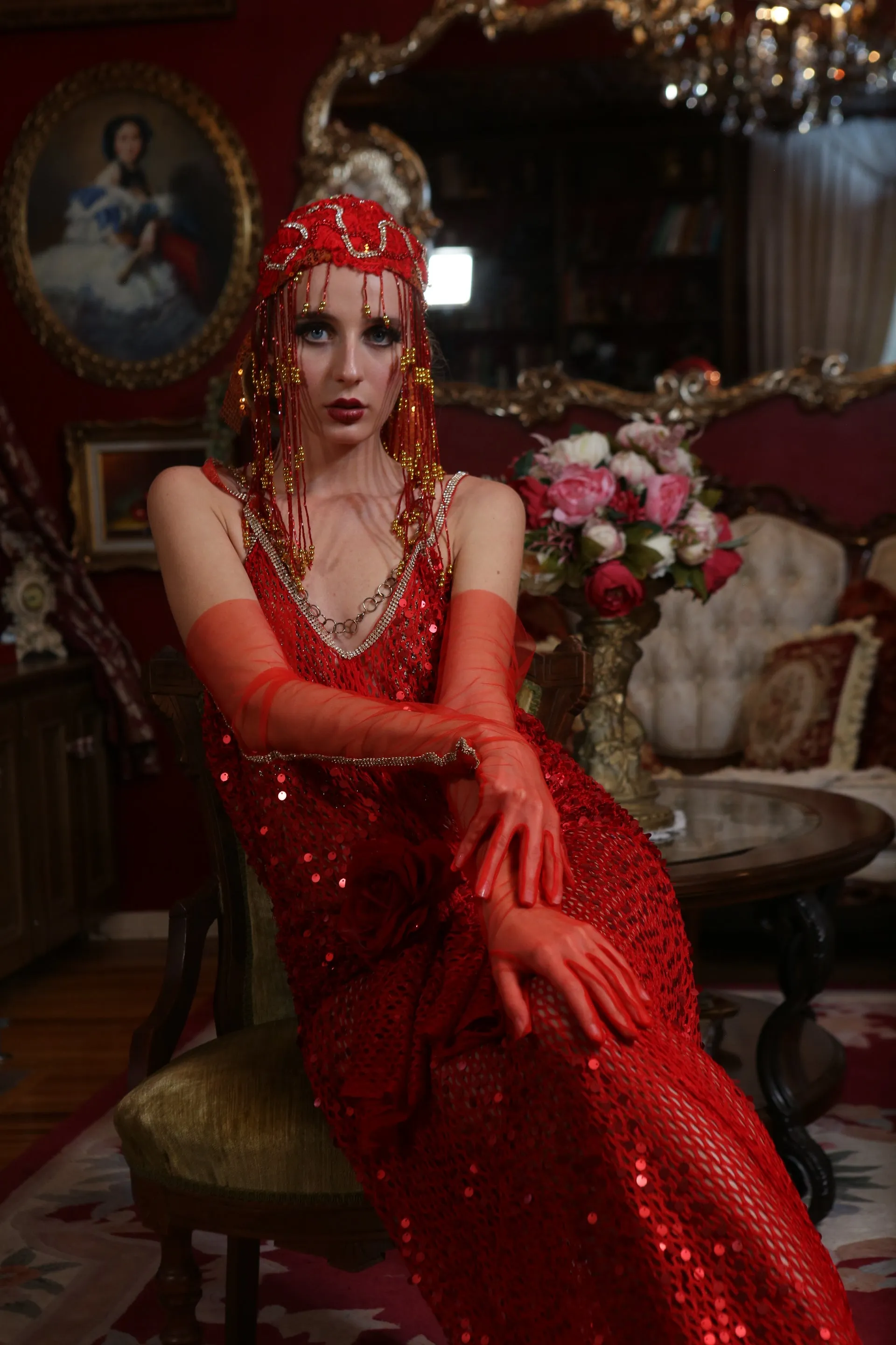 "LADY ELEANOR" Red & Gold Sequin Net Gatsby Mermaid Wedding Ballgown Set