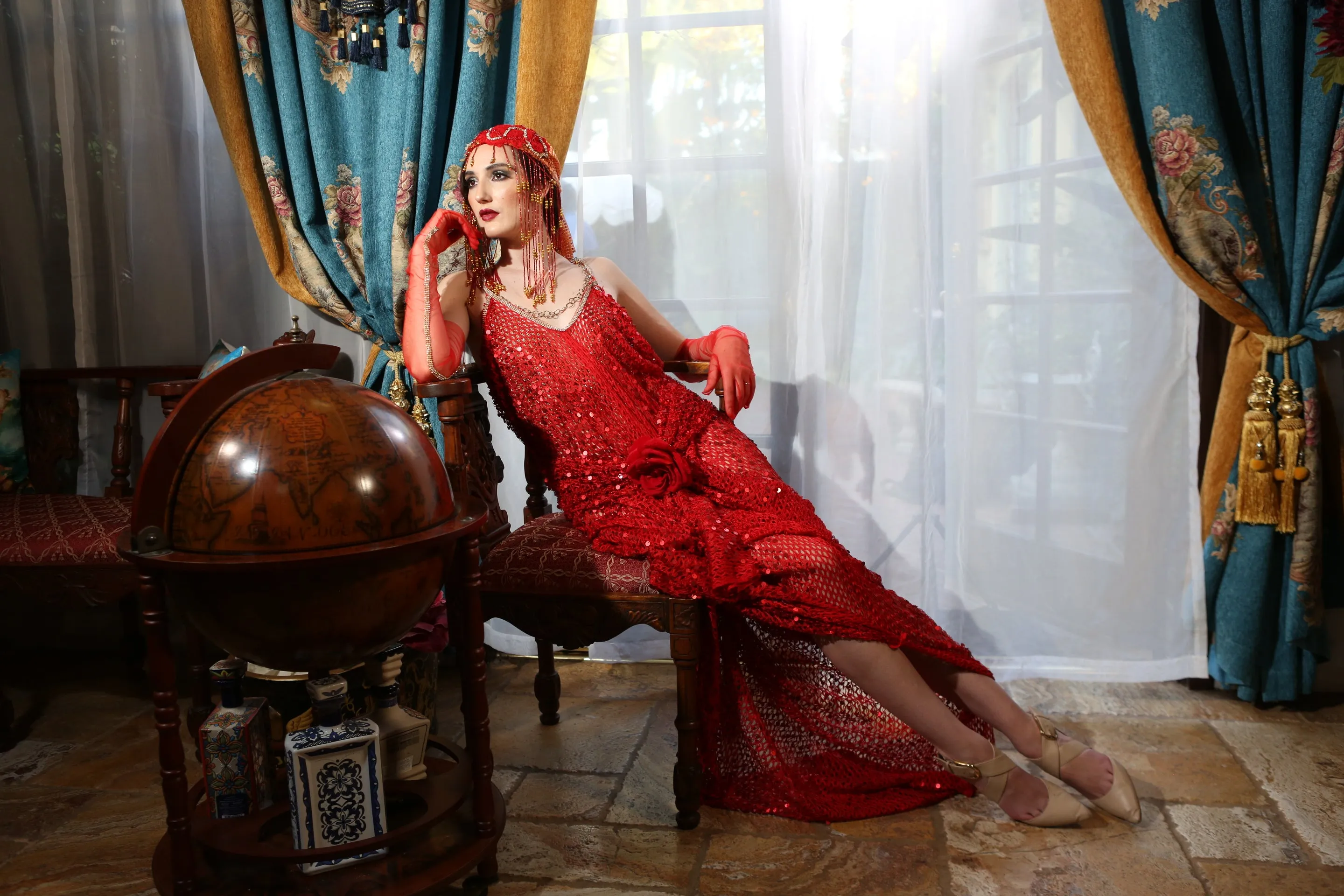 "LADY ELEANOR" Red & Gold Sequin Net Gatsby Mermaid Wedding Ballgown Set