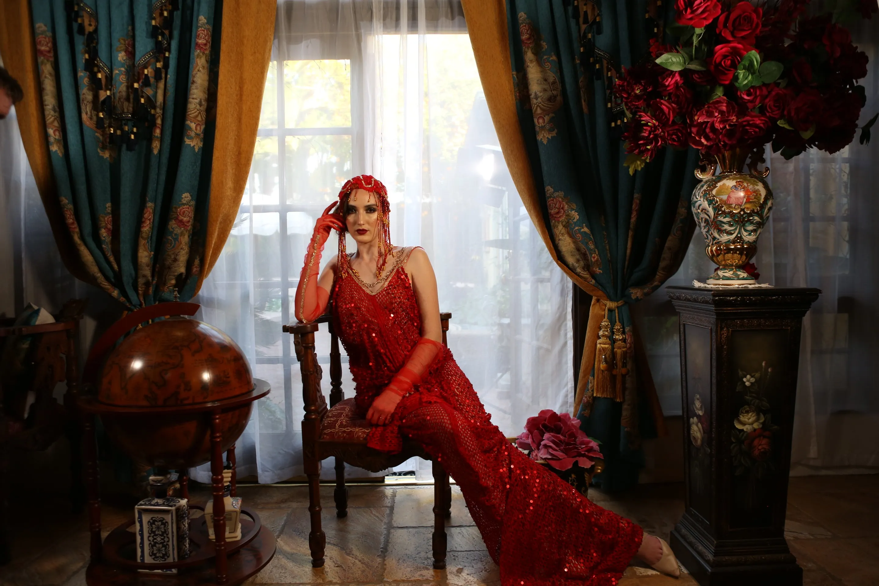 "LADY ELEANOR" Red & Gold Sequin Net Gatsby Mermaid Wedding Ballgown Set