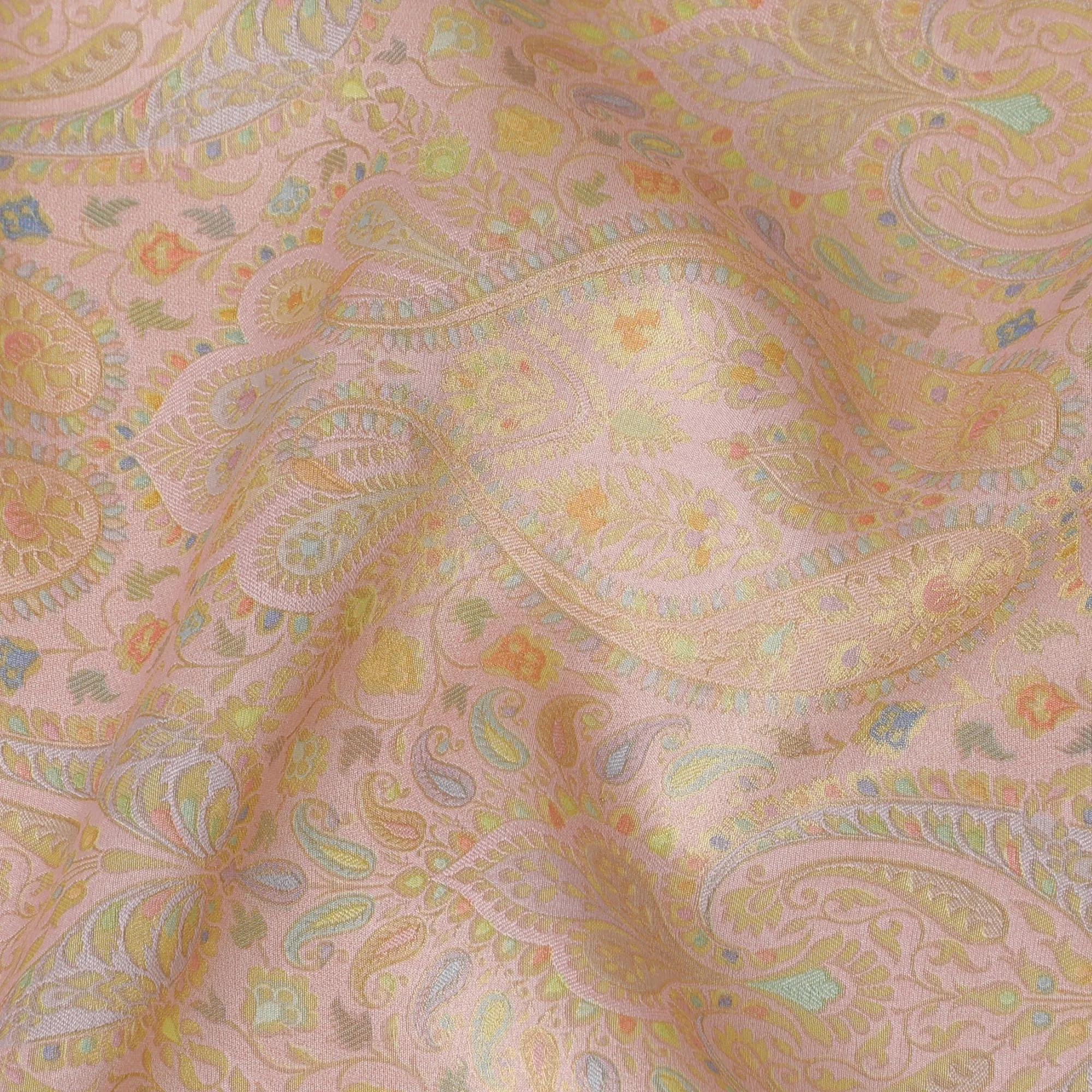 Silk Brocade Fabric with Pastel Pink and Gold Paisley Design, 110 cm Width, Indian Origin-D19759