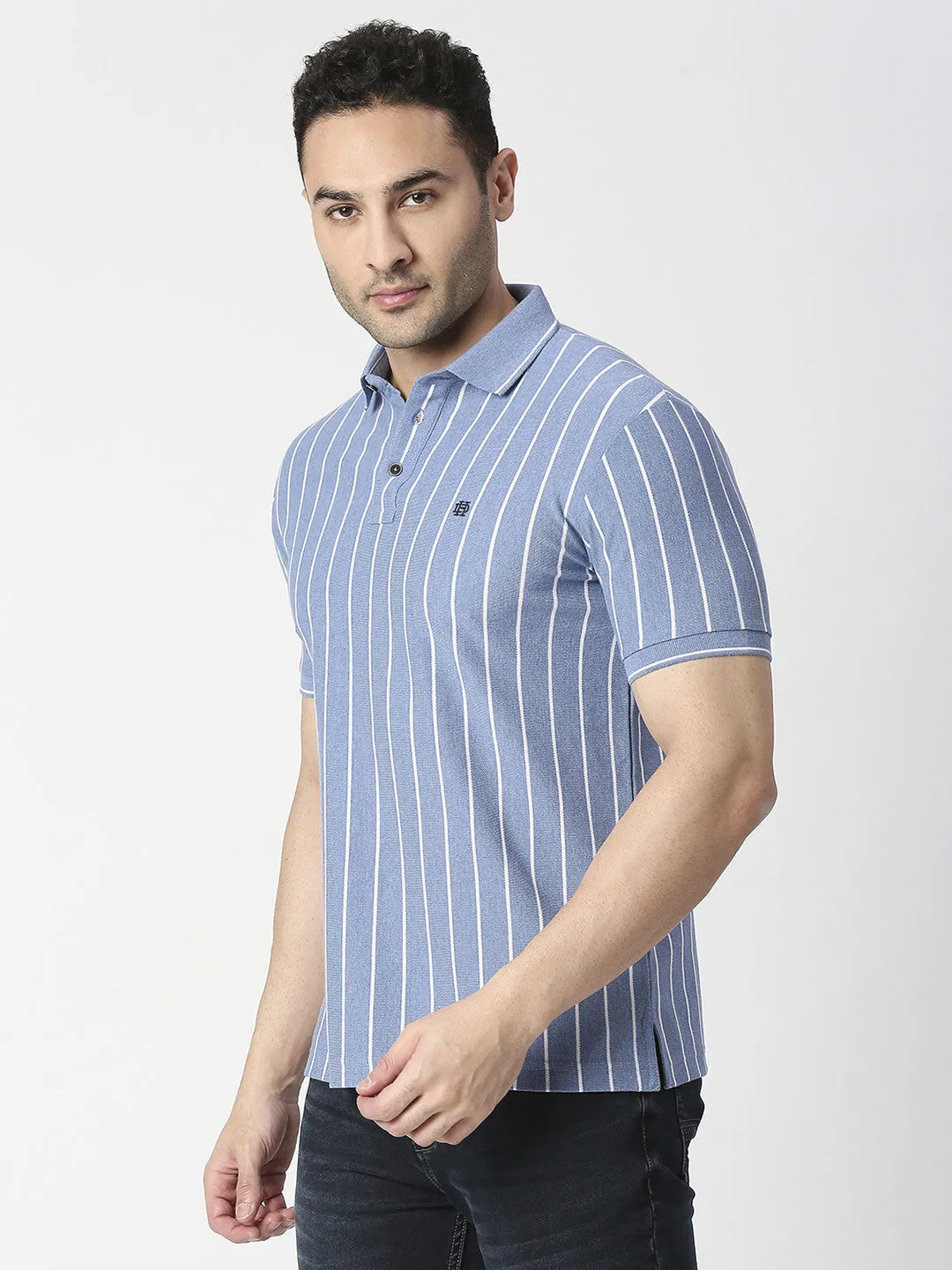 Sky Melange Verticle Striped Pique Polo T-shirt