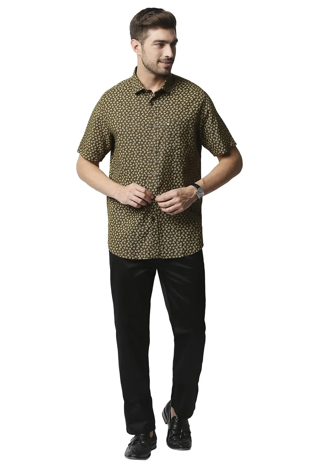 Slim Fit Cotton Hemp Printed Halfsleeves Shirt