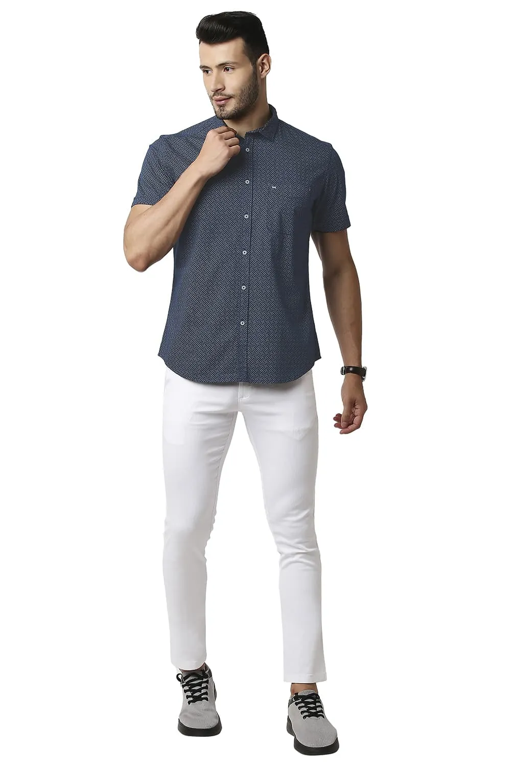 Slim Fit Twill Stretch Printed Halfsleeves Shirt