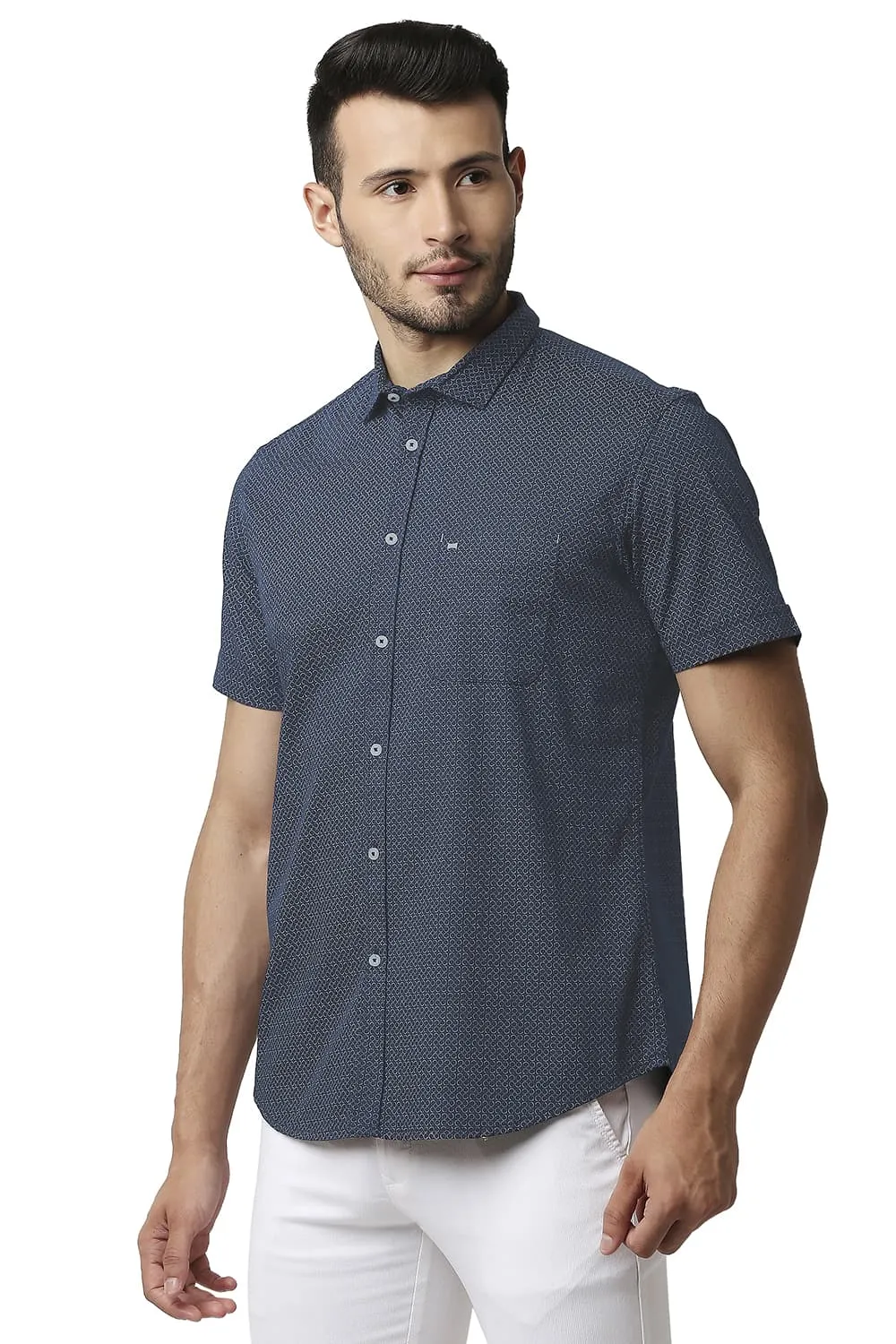 Slim Fit Twill Stretch Printed Halfsleeves Shirt