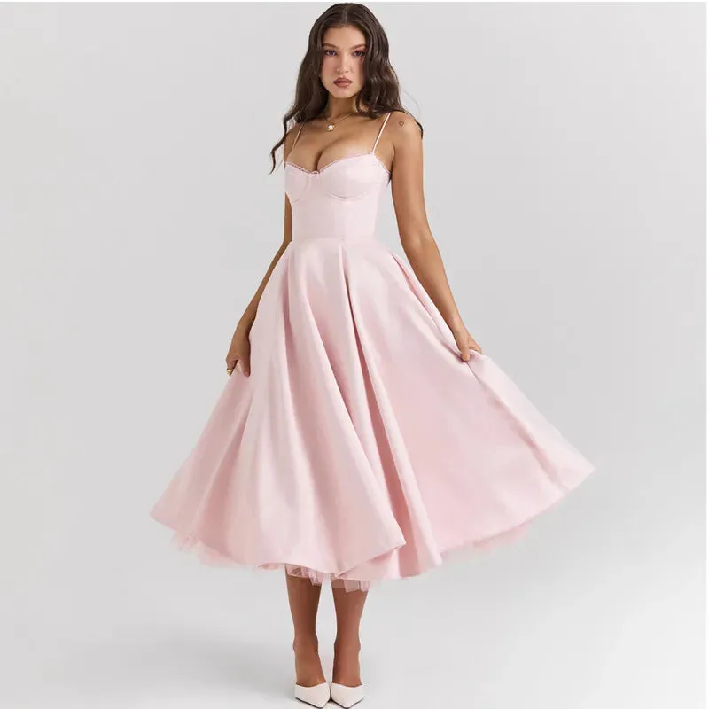 Solid Pink Spaghetti Strap Graceful Evening Gowns Midi Dress